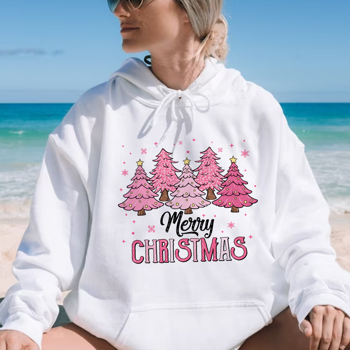 Teesdily | Merry Christmas Shirt, Pink Christmas Tree Sweatshirt, Christmas Vibes Sweater, Holiday Season Hoodie Mug Gift Mom