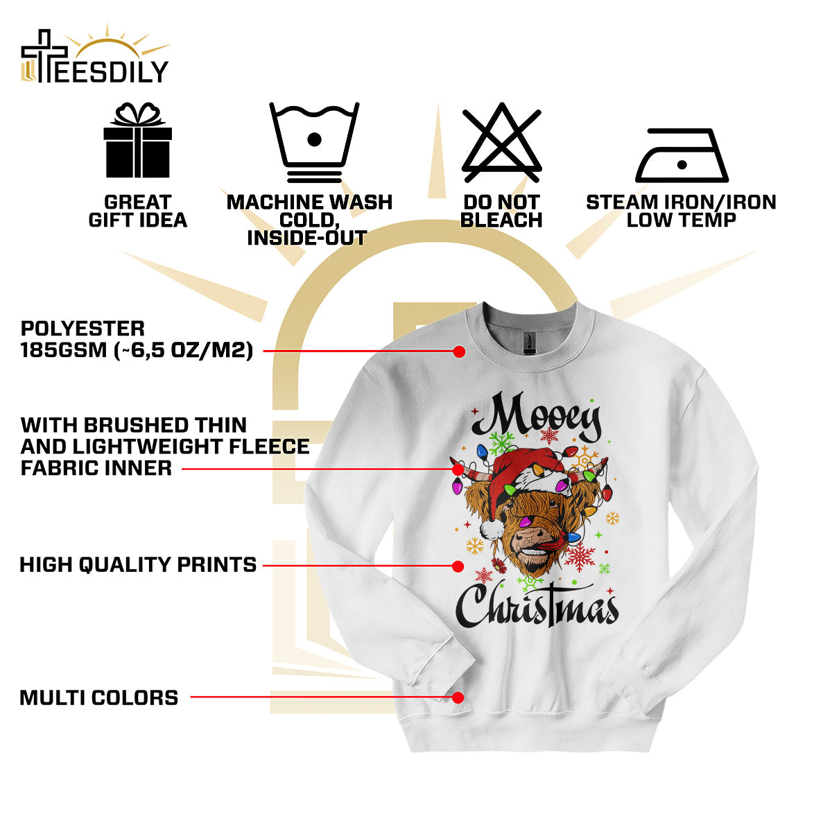 Teesdily | Highland Cow Christmas Shirt, Mooey Christmas Sweatshirt Hoodie Mug, Cow Santa Tee, Farm Christmas Cow Shirts