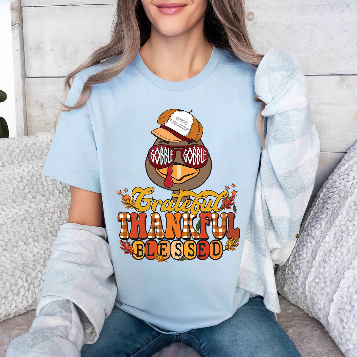 Teesdily | Happy Thanksgiving Turkey Shirt, Gobble Gobble Give Thanks Thankful Blessed Tee Sweatshirt Hoodie Mug, Thanksgiving Tee