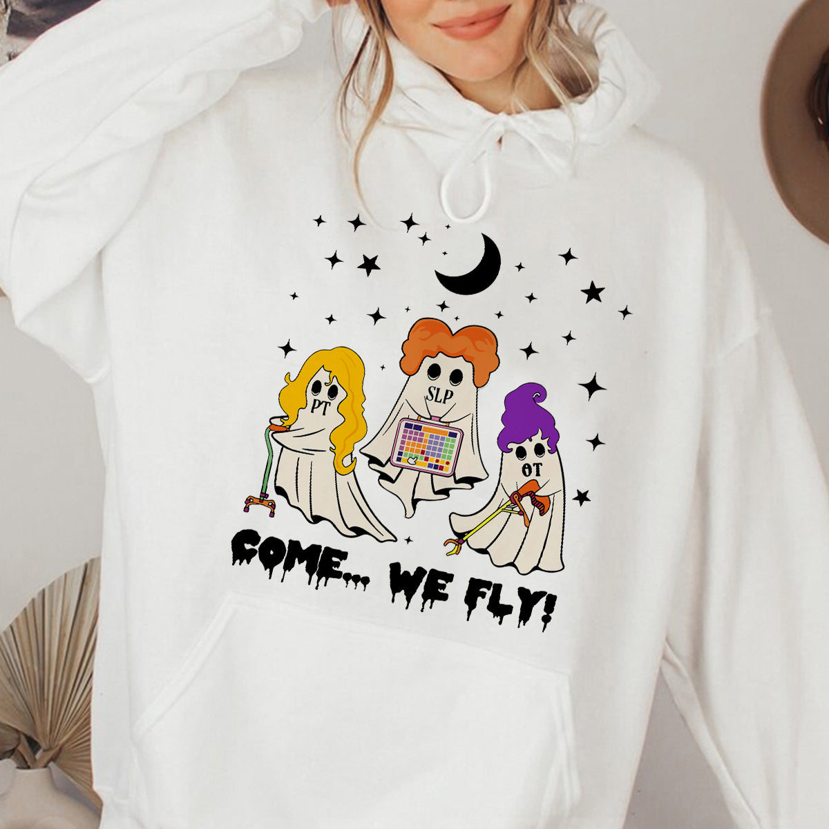 Teesdily | Halloween OT PT SLP Team Shirt, Cute Ghost Come We Fly Halloween Tee Sweatshirt Hoodie Mug, Halloween Lovers Gifts, OT PT Halloween Gifts