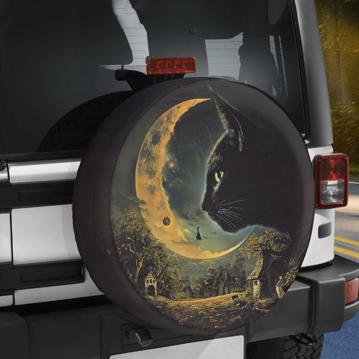 Teesdily | Black Cat Halloween Car Spare Tire Cover, Cat And Witch Moon Night Car Wheel Cover, Cat Lover Gift, Happy Halloween Decoration