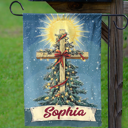 Teesdily | Customized Jesus Christmas Tree Flag, Christ Cross Light Garden Flag, Christmas Bow Religious House Flag Yard Decor