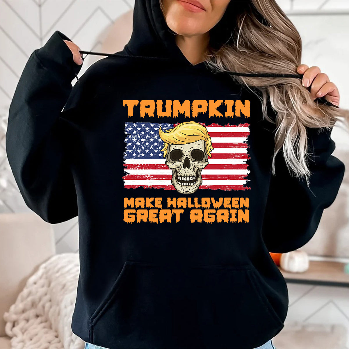 Teesdily | Skull Halloween Shirt, Trumpkin Make Halloween Great Again Sweatshirt Hoodie Mug, Spooky Season T-shirt, Funny Pumpkin Fall Holiday Gift