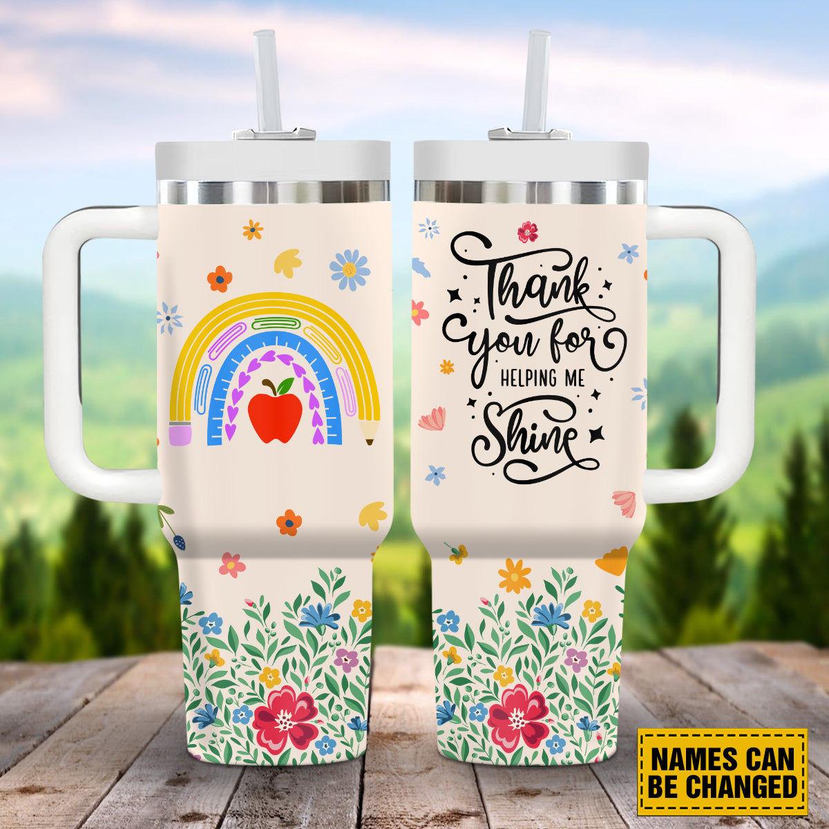 Teesdily | Teacher Rainbow Personalized Tumbler 40oz, Teacher Meadow Print Tumbler, Thank You For Helping Me Grow, Teacher Appreciation Custom Gifts