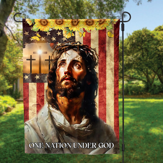 Teesdily | Jesus Cross Sunflower American Flag Home, One Nation Under God Yard Flag Independence Day, Jesus Gift, Garden House Flag