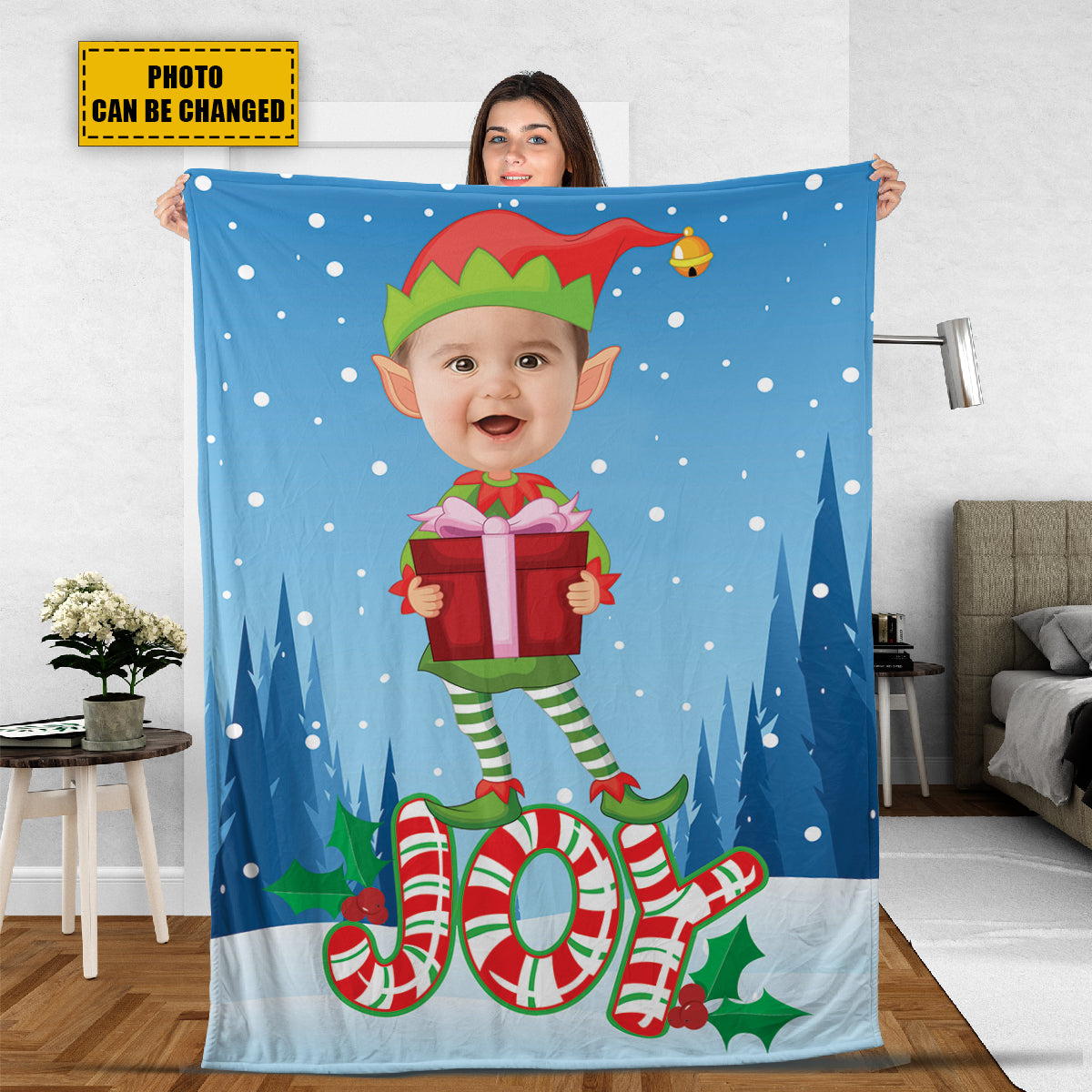 Teesdily | Christmas Elf Customized Fleece Blanket Nursery Xmas Sherpa Blanket Christmas Joy Funny Customize Blankets With Photos Gift For Kids