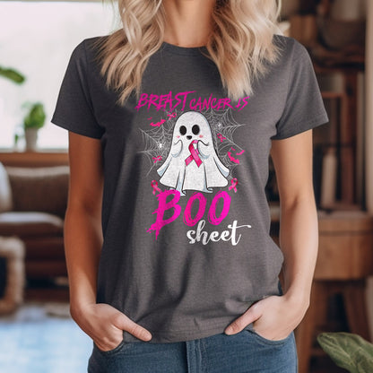 Teesdily | Pink Ribbon Breast Cancer Is Boo Sheet Shirt, Cute Halloween Ghost Boo Sweatshirt, Cancer Survivor Hoodie Mug