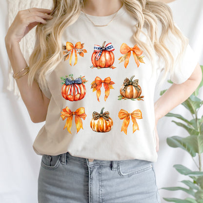 Teesdily | Retro Fall Pumpkin Shirt, Retro Halloween Coquette Bow Spooky Mama Sweatshirt Hoodie Mug, Fall Pumpkin Coquette Bow T-shirt