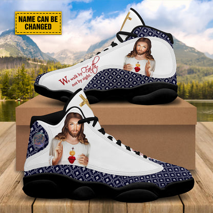 Teesdily | Customized Jesus Art Basketball Shoes, We Walk By Faith Not By Sight Running Shoes, Unisex Shoes With Thick Sole