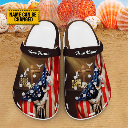 Teesdily | Jesus Is My King American Flag Customized Clogs Shoes, Gift For Jesus Lovers, God Faith Believers, Christian Gifts Kid & Adult Unisex Clogs Shoes Eva