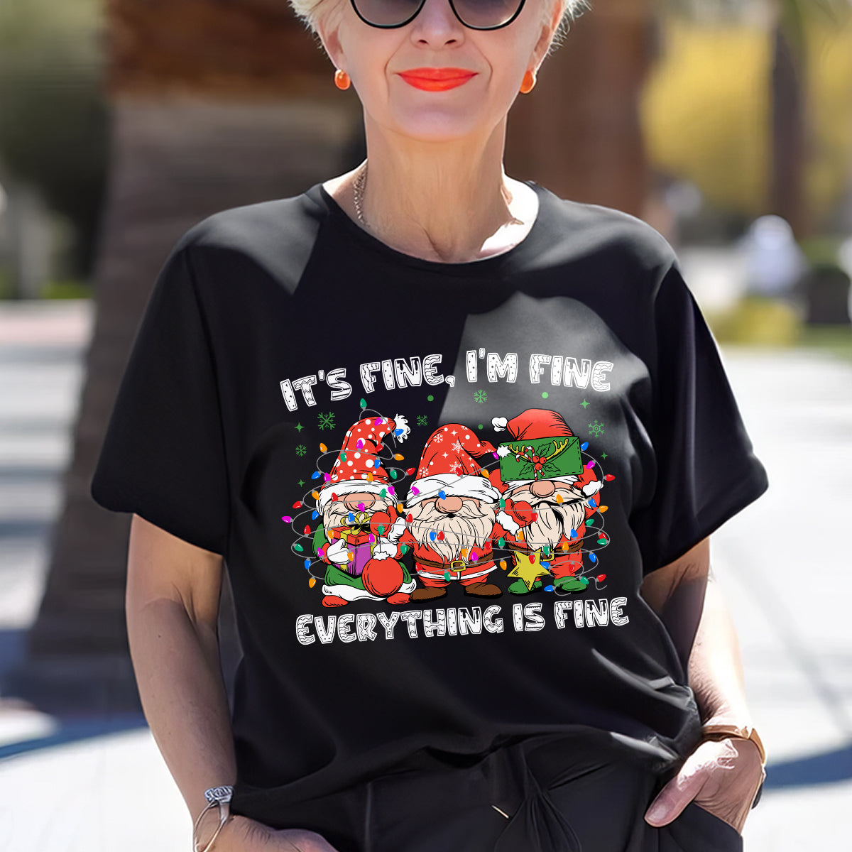 Teesdily | Christmas Gnomes Shirt, It's Fine I'm Fine Everything Is Fine Shirt, Funny Gnomes Christmas Hoodie Mug, Christmas Gnome Tee