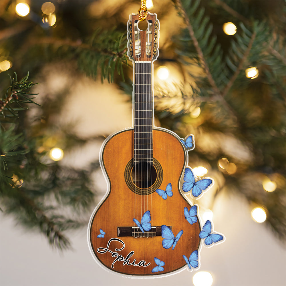 Teesdily | Customized Butterfly Guitar Ornament 2d Flat Acrylic, Artist Guitar Player Ornament Christmas, Gift For Guitar Players