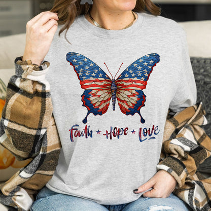 Teesdily | Jesus Butterfly American Flag Shirt, Faith Hope Love US Pride Patriotic T-shirt, Independence Day Sweatshirt Hoodie, Butterfly Lover Gifts