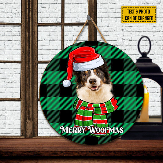 Teesdily | Customized Border Collie Dog Christmas Santa Round Wood Sign Merry Woofmas Wood Door Hanger Pet Owner Christmas Door Hanging