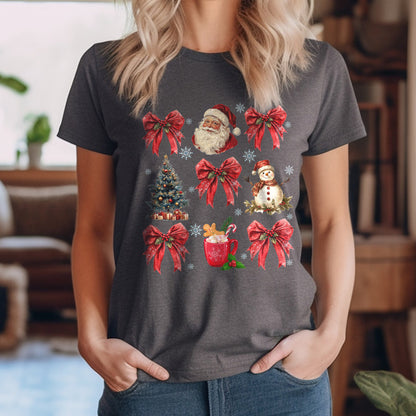 Teesdily | Christmas Coquette Bow Santa Shirt, Christmas Tree Snowman Mug Sweatshirt Hoodie, Retro Merry Bright Tee