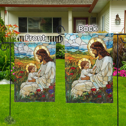 Teesdily | Jesus Blessing The Children Garden Flag, God With Children Flower Stained Glass Printed Flag Yard, Christmas House Flag