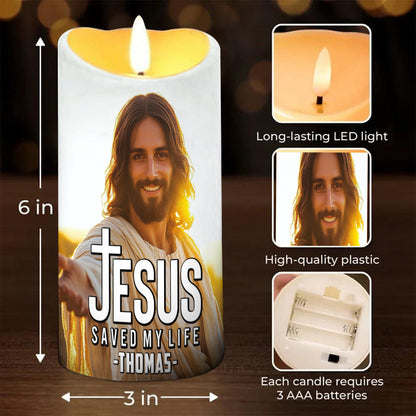 Teesdily | Customized Jesus Saved My Life LED Candle, Faith Cross Religious LED Candle No Battery, Baptism Gift Christmas Decor