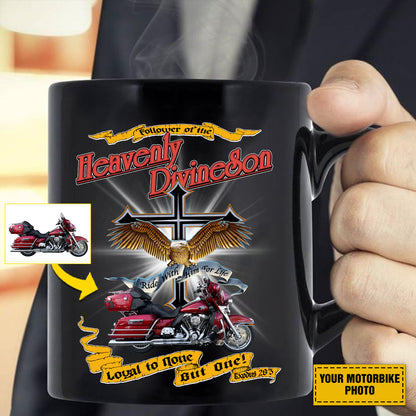 Teesdily | Customized Christian Biker Shirt, Follower Of The Heavenly Divineson Back Design Shirt Sweatshirt Hoodie Mug, Motorcycle Lovers Gifts