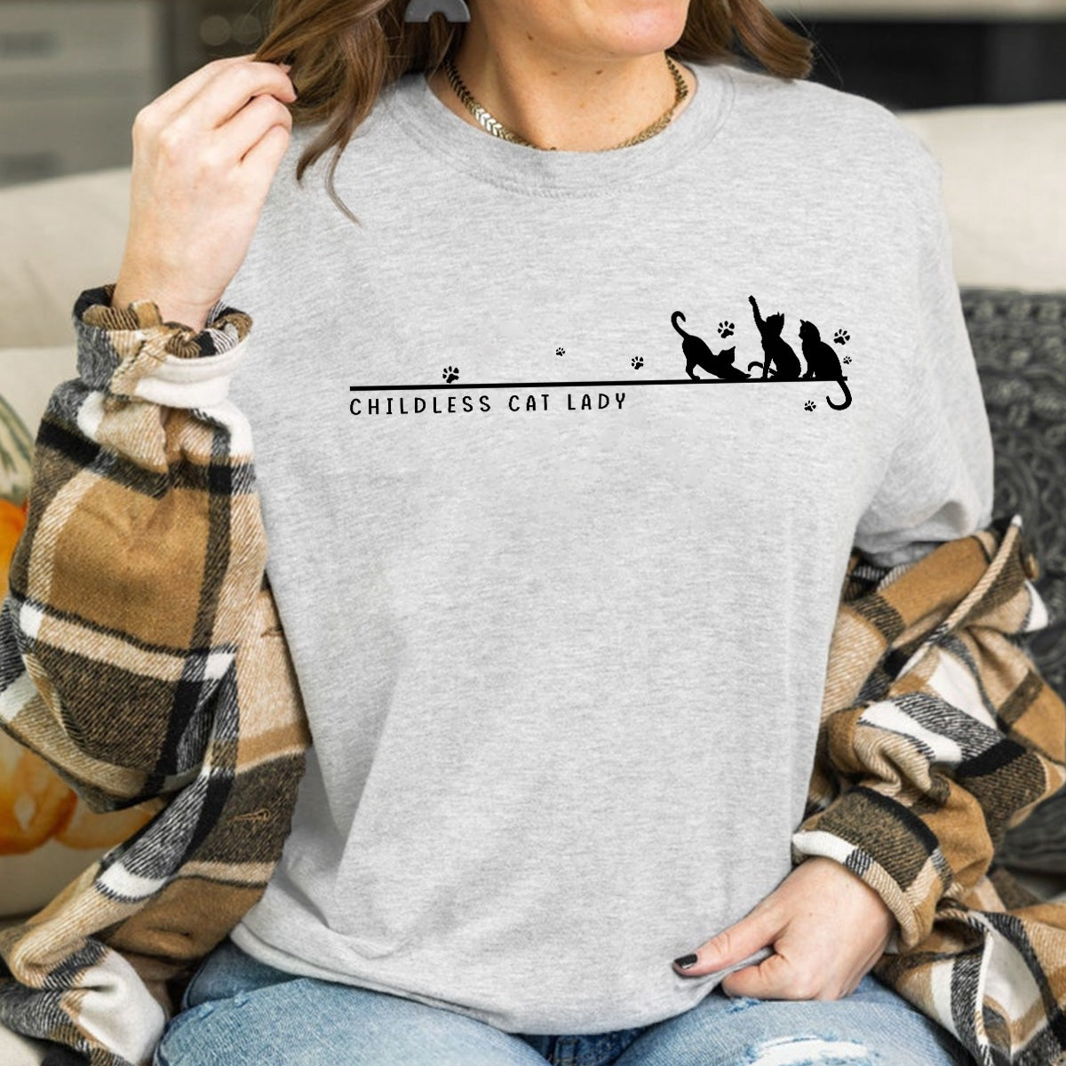 Teesdily | Childless Cat Lady Shirt, Silhouette Feminist Tee Sweatshirt Hoodie, Kameowla Brat Mug, Gift For Cat Lovers