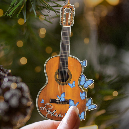 Teesdily | Customized Butterfly Guitar Ornament 2d Flat Acrylic, Artist Guitar Player Ornament Christmas, Gift For Guitar Players