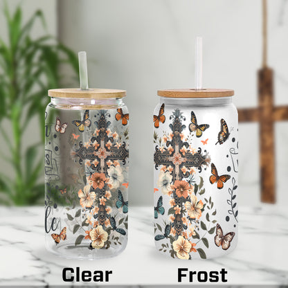 Teesdily | God Cross Flower Glass Can, Faith Does Not Make Things Easy It Makes Them Possible Cup, Jesus Gift, Frosted/ Clear Glass Can With Straw