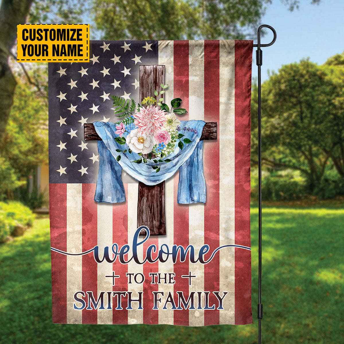 Teesdily | Jesus Cross Floral Customized Family Name Garden Flag, Welcome Home American Flag Decor
, Independence Day Home Decor, Outdoor Decor