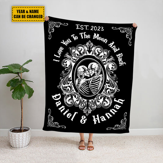 Teesdily | Gothic Couple Skeleton Personalized Throw Blanket I Love You To The Moon And Back Sofa Blankets Couple Halloween Blanket Travelling Camping