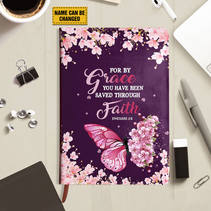 Teesdily | Customized God Butterfly Flower Notebook, For By Grace Have Saved Through Faith Book Cover, Gift For God Lover, Christian Leather Journal