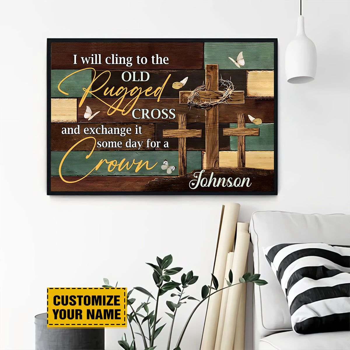 Teesdily | Personalized Jesus Cross Poster Print, I Will Cling To The Old Rugged Cross Canvas, God Faith Believers Christian Gifts, Religious Poster