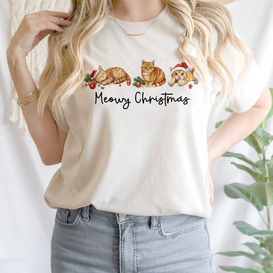 Teesdily | Meowy Christmas Shirt, Meowy Christmas Sweatshirt, Cat Christmas Hoodie Mug, Merry Christmas Cat Shirt, Cat Lover Gift