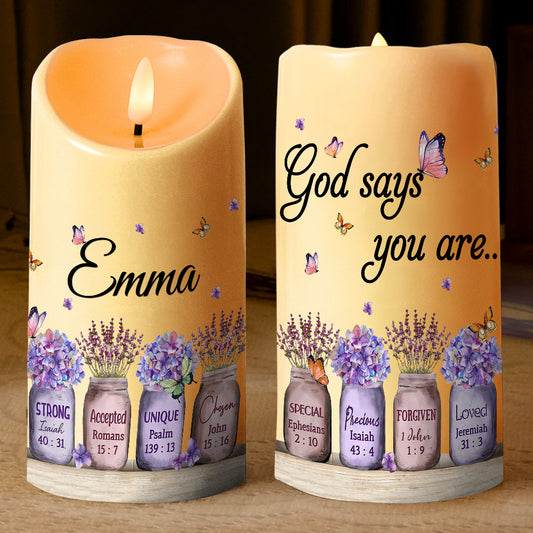 Teesdily | Customized LED Candle God Says You Are, Flowers Butterfly Jesus LED Candle Without Battery, Religious Christmas Gift