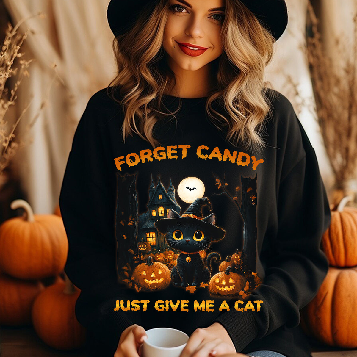 Teesdily | Halloween Cute Cat Shirt, Forget Candy Just Give Me A Cat Tee Sweatshirt Hoodie Mug, Halloween Cat Lovers Gifts, Cat Halloween Moon Shirt