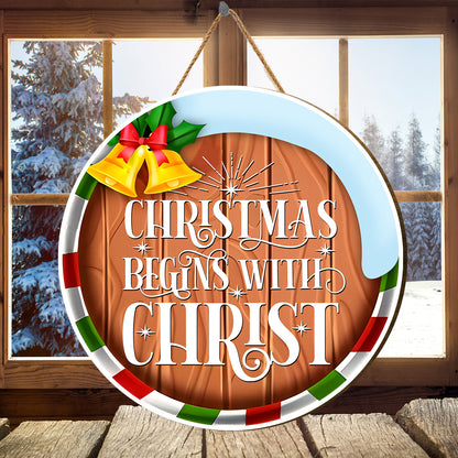 Teesdily | Christmas Round Wood Sign, Christmas Begins With Christ Wooden Sign, Christian Door Decoration Christmas Gifts, Xmas Family Door Sign