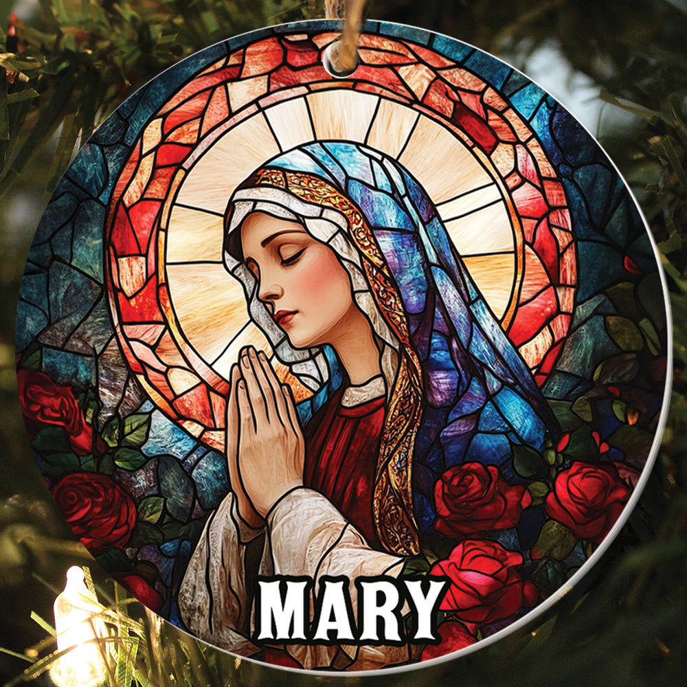 Teesdily | Customized Mary Rose Stained Glass Printed Ornament, Jesus Mary Ornament Christmas, Religious Art Christmas Gift Mom