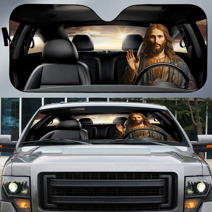 Teesdily | Jesus Car Driving Windshield Sun Shade Jesus Christ Car Background Car Shade Front Windshield Christian Funny Car Decor Window Shade Front