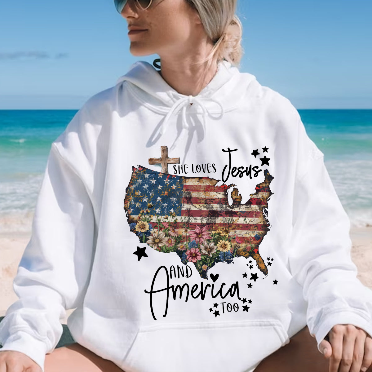 Teesdily | Jesus American Flag Flower Cross Shirt, She Loves Jesus And America Too Sweatshirt, US Pride Patriot Hoodie, Independence Day Gifts