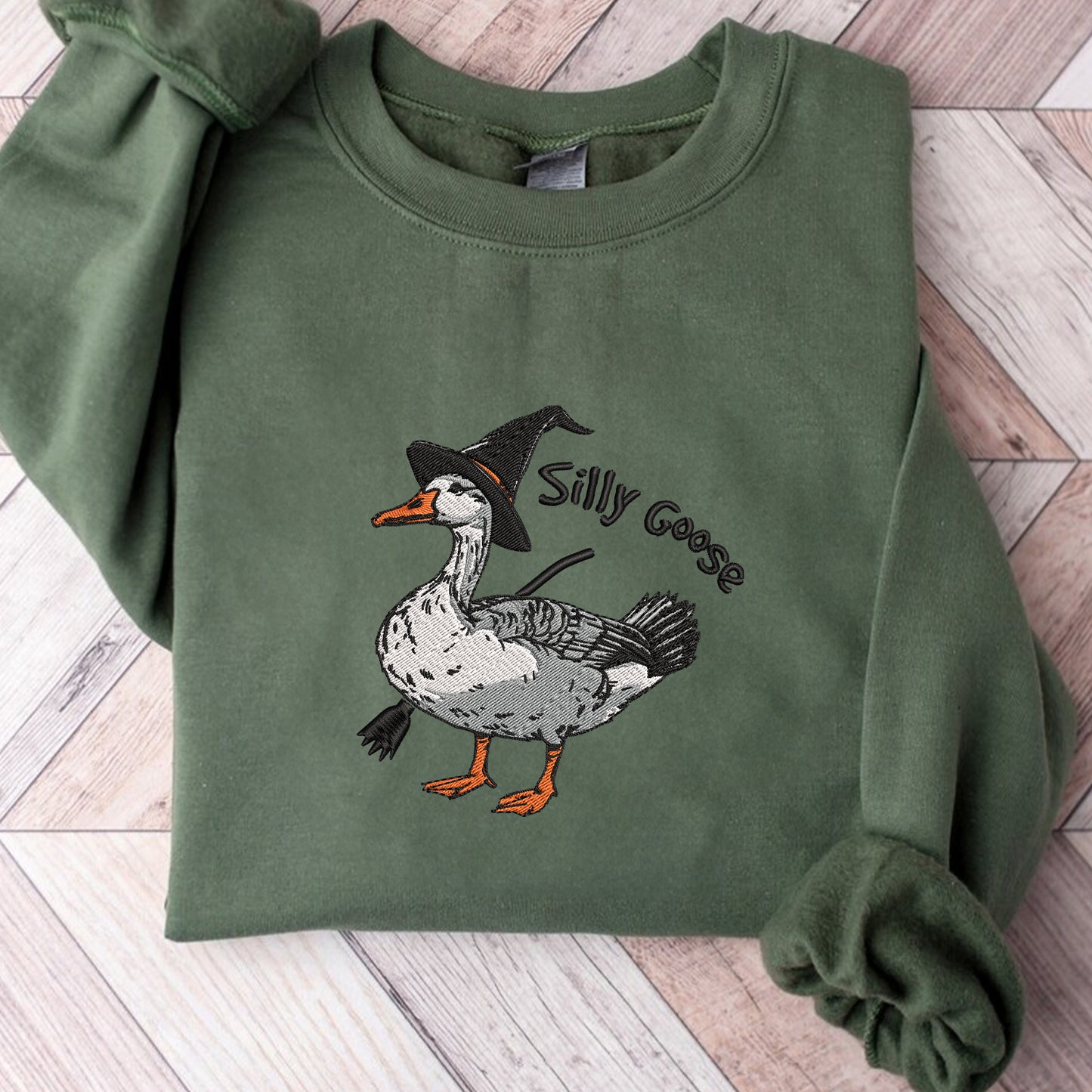 Teesdily | Halloween Goose Witch Embroidered Shirt, Silly Goose Embroidery Sweatshirt, Silly Goose On The Loose Shirt, Funny Goose Halloween Gifts