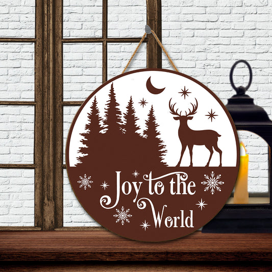 Teesdily | Reindeer Christmas Wood Sign Joy To The World Christmas Decoration Door Decor Holiday Family Members Gifts Xmas Vibe