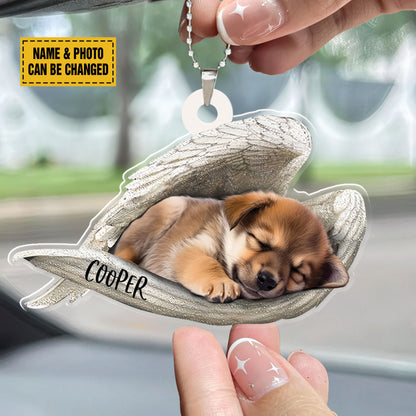 Teesdily | Personalized Photo Pet Loss Memorial Ornament Car Hanger, Sleeping Pet Within Angel Wings Plastic Ornament, Loss Pet Gifts, Dog Lovers Gift