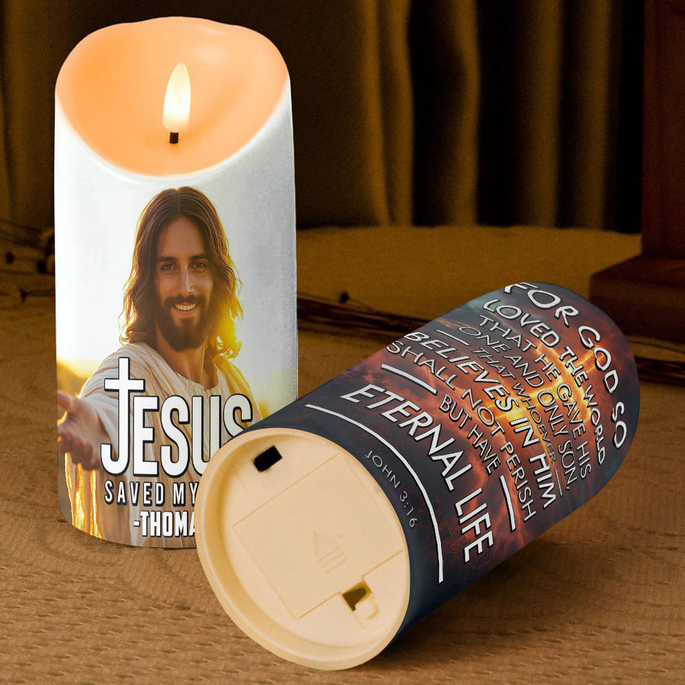 Teesdily | Customized Jesus Saved My Life LED Candle, Faith Cross Religious LED Candle No Battery, Baptism Gift Christmas Decor