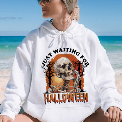 Teesdily | Halloween Cool Skeleton Shirt, Skeleton Just Waiting For Halloween Shirt, Funny Skeleton Sweatshirt Hoodie Mug, Horror Halloween Gifts