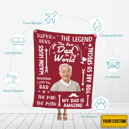 Teesdily | Daddy Custom Photo Blanket The Best Dad In The World Throw Blanket Awesome Father's Day Throw Blanket Inspirational Words Gifts For Daddy