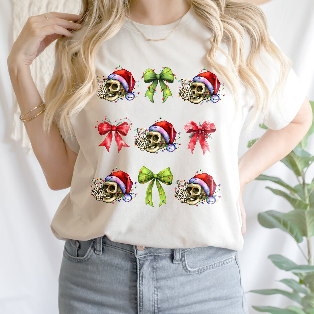 Teesdily | Christmas Coquette Skeleton Bow Shirt, Coquette Bow Skeleton Halloween Sweatshirt, Christmas Light Hoodie Mug Tee