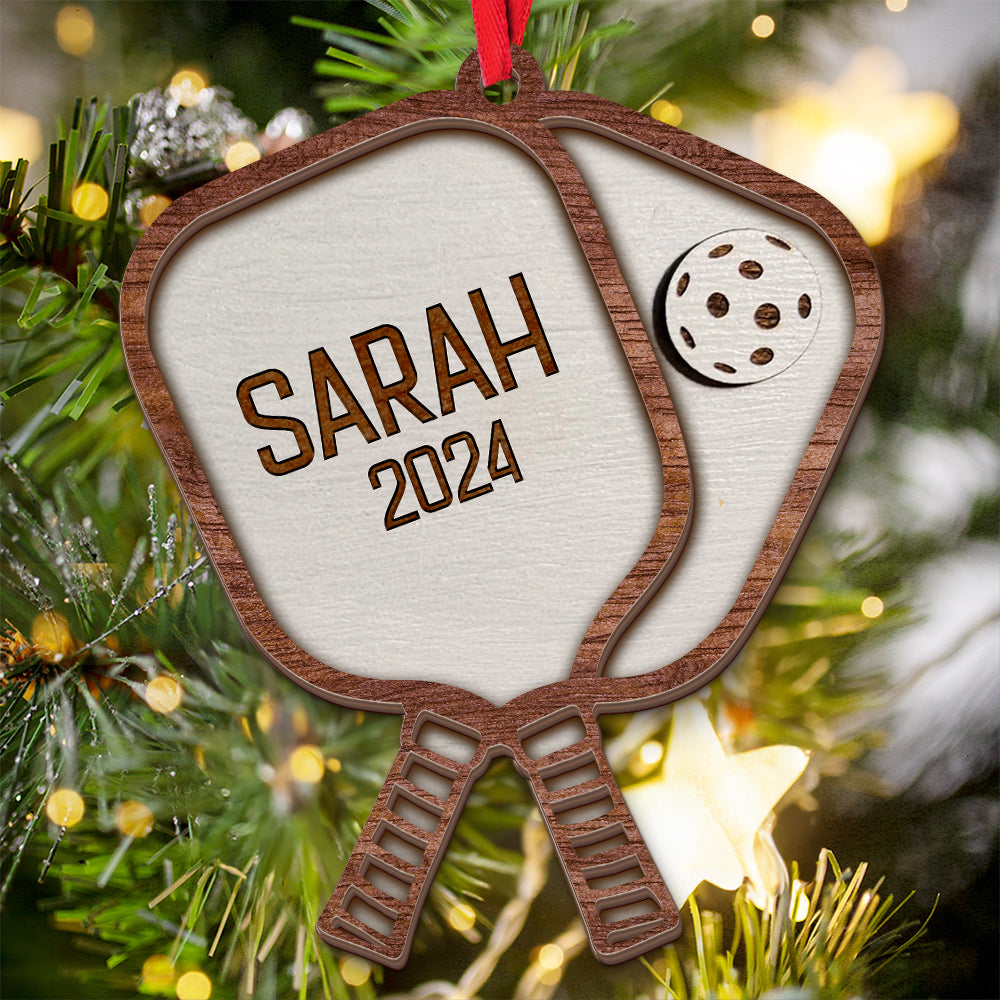 Teesdily | Customize Pickleball Paddle Wood Ornament, Pickleball 2 Layered Wood Christmas Ornament, Sport Player Xmas Gift