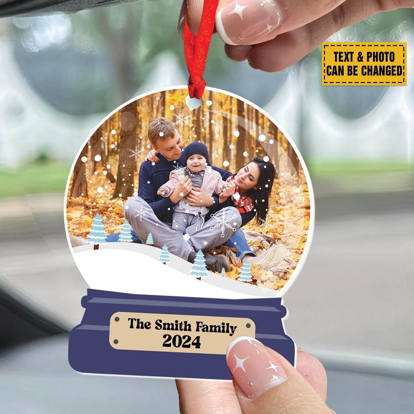 Teesdily | Personalized Family Picture snowglobe Ornament Car Hanger, 2024 Unique Christmas Ornament, Family Memorial Ornament, Gift For Holiday