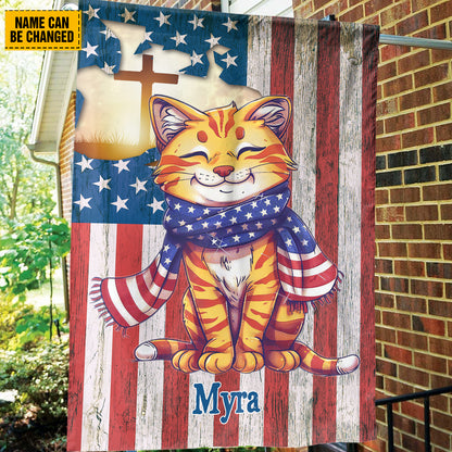 Teesdily | Custom Cat Jesus Cross Flag, Independence Day Garden Flag, Jesus American Flag Home, Fourth Of July Garden Flag Yard Decor, Cat Lover Gift