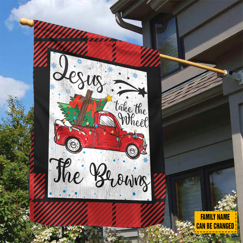 Teesdily | Customized Jesus Take The Wheel Christmas Garden Flag, Red Truck Car Christmas Tree House Flag, Christ Cross Home Flag