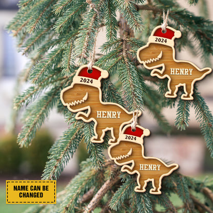 Teesdily | Customized Dinosaur Santa Christmas 2 Layered Wooden Ornament, Christmas T-rex Hat Ornament Decor, Christmas Gift Kid