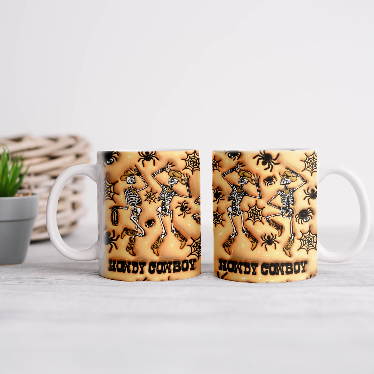 Teesdily | Dancing Skeletons Cowboy Inflated 3d Print Mug, Howdy Cowboy Skeleton Mug, Spooky Vibes Halloween Mug, Funny Halloween Gifts