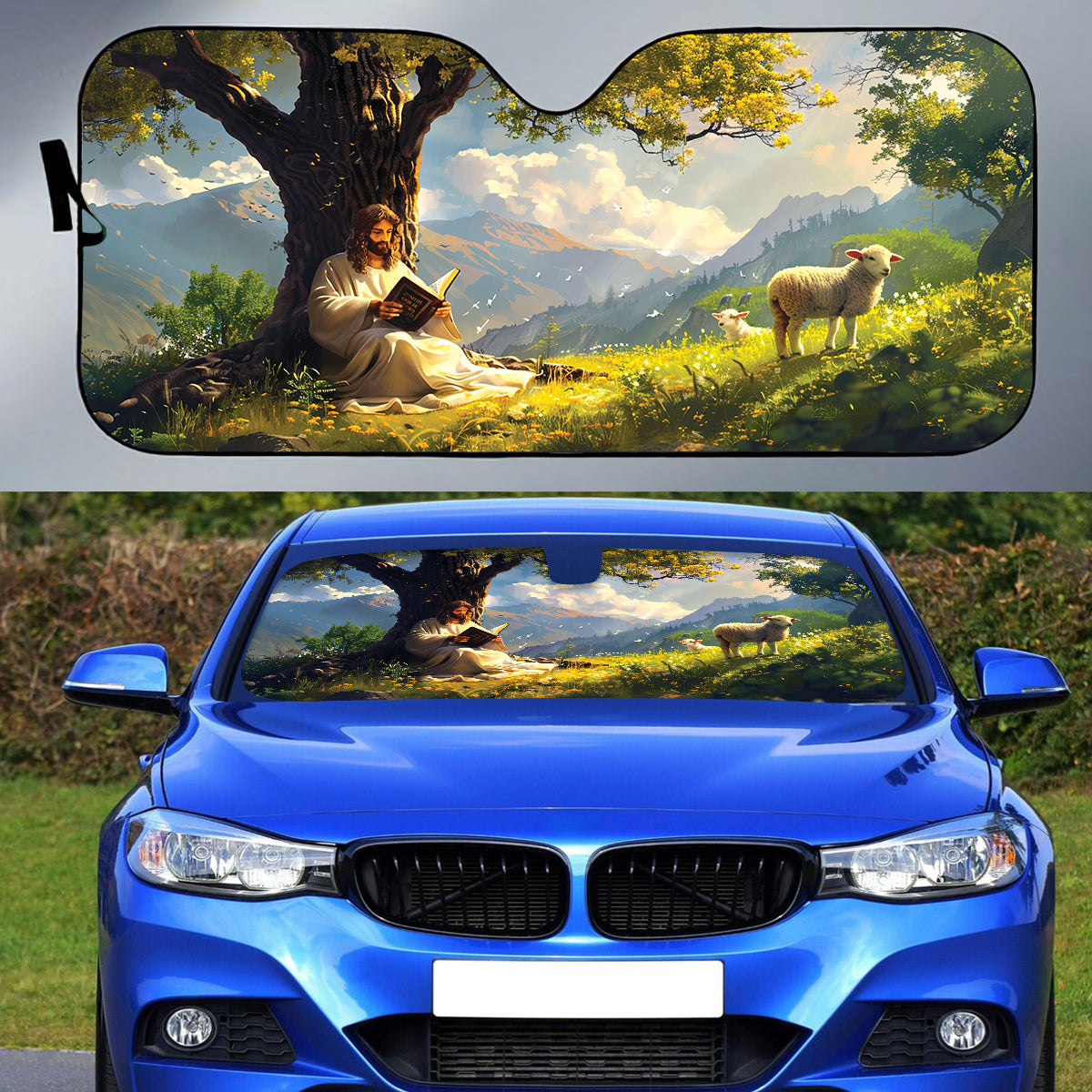 Teesdily | Jesus Reading Bible Book Sunshade Protector, Lamb Of God Auto Sun Shade, Christian Windshield Car Sunshade, Faith Religious Gifts